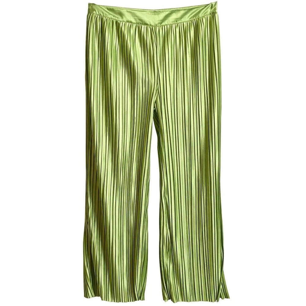 NWT$ NICHOLE LYNEL Micro Pleated Wide-Leg Pants Sz S Green Boho Chic Elegant